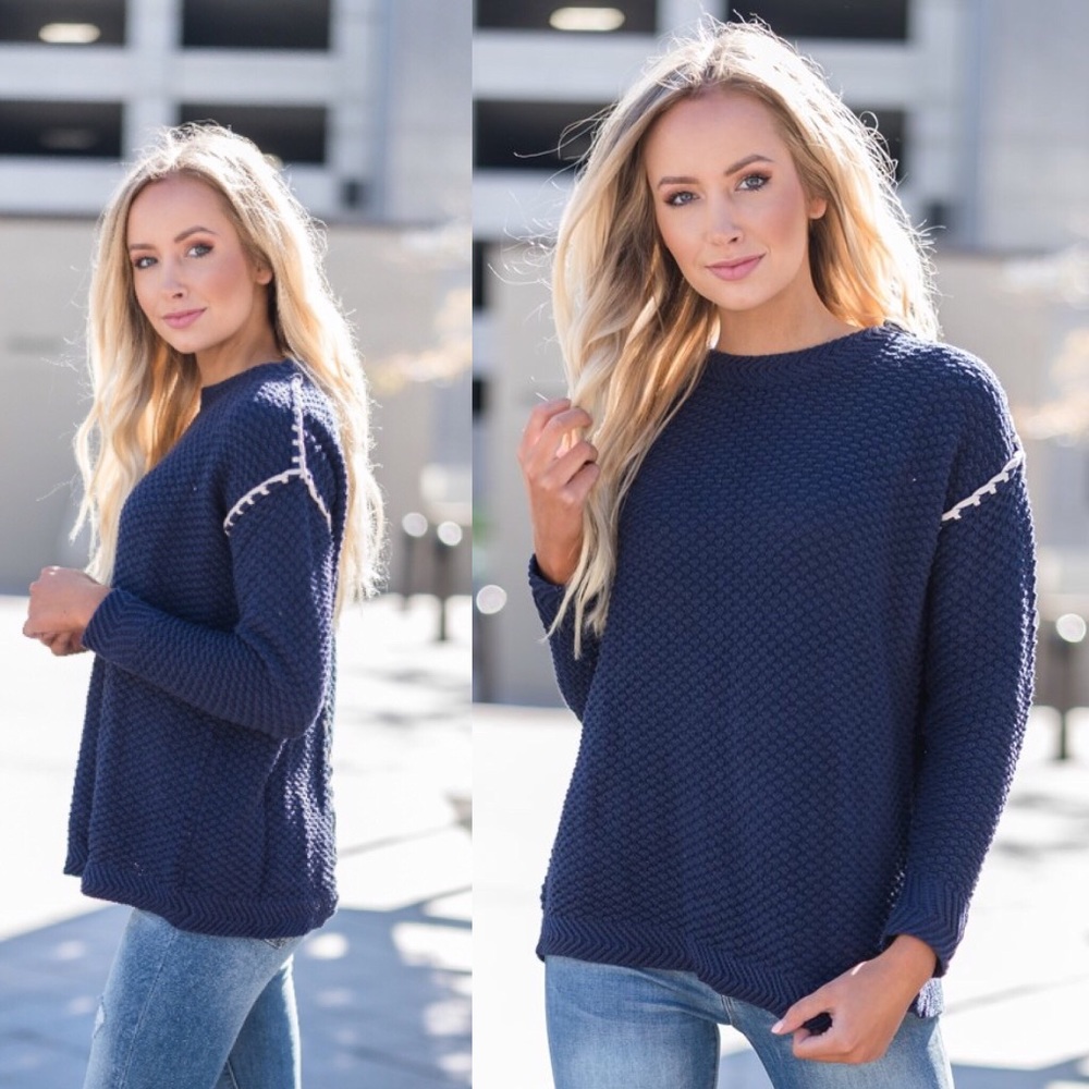 Navy Back Slit Knit Sweater
